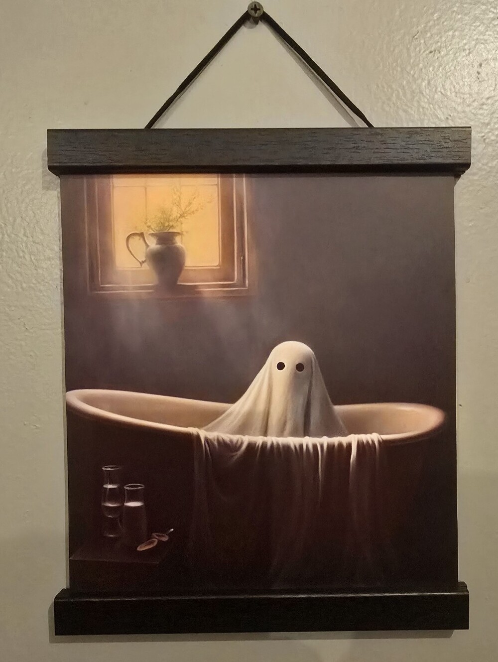 Moody Ghost Bathtub Wall Art - Warm Beige & Brown Palette